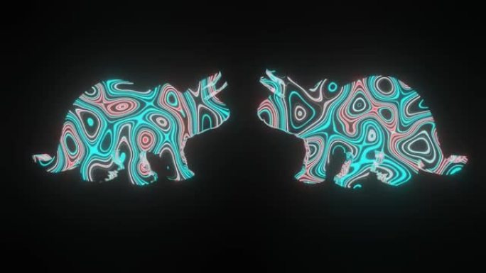 4k视频动画的美丽纹理或图案形成在两只小恐龙的身体形状上，孤立在黑色背景上。恐龙3d渲染抽象循环动画