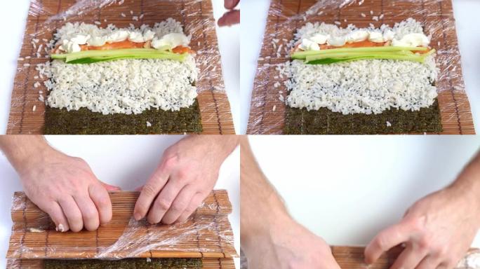 用自己的手在家里的竹席上煮面包卷。日本料理。