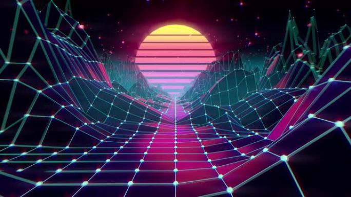 80年代复古未来科幻背景。带霓虹灯的VJ视频游戏景观