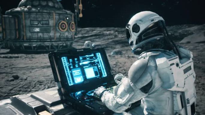 一名宇航员在其中一颗行星的太空殖民地中使用他的科学笔记本电脑工作。幻想、未来或太空旅行的循环动画。