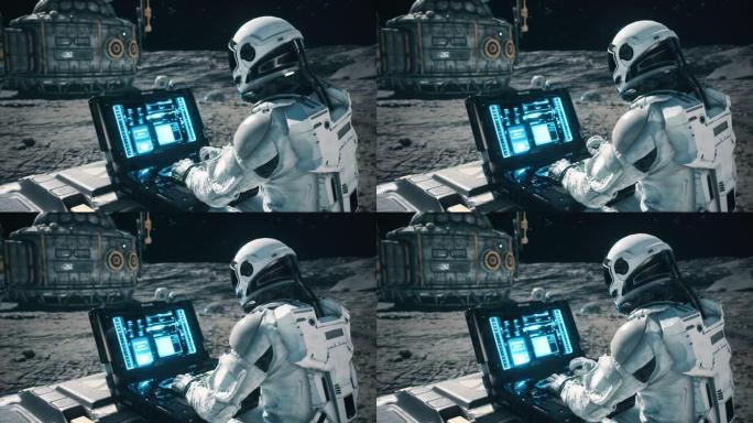 一名宇航员在其中一颗行星的太空殖民地中使用他的科学笔记本电脑工作。幻想、未来或太空旅行的循环动画。