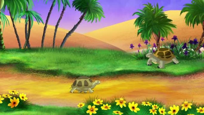 大棕色乌龟和她的幼崽走路