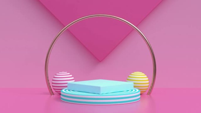 粉色场景墙蓝色圆圈讲台抽象运动3d渲染
