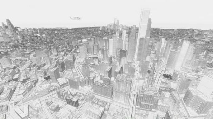 直升机经过摩天大楼，飞越素描城，4K