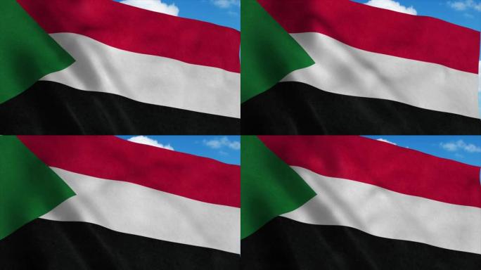 苏丹国旗在风中飘扬，蓝天为背景。4 k