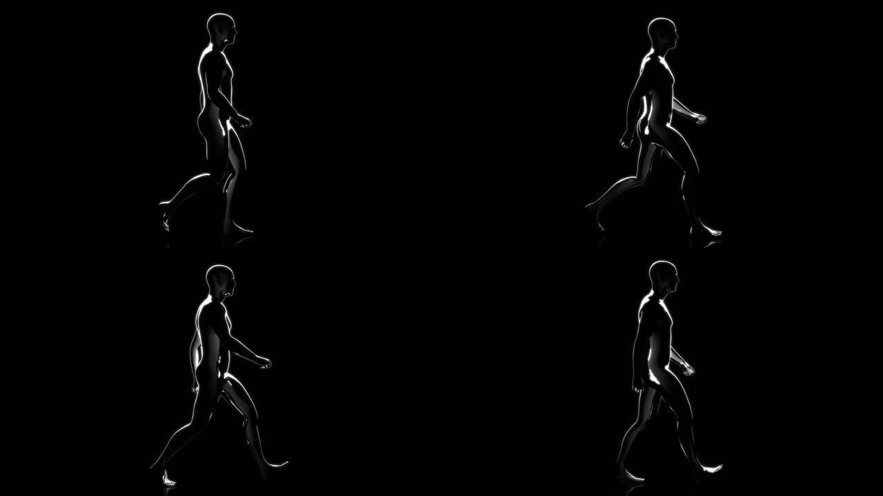 黑色背景上3D抽象数字行走人的侧视图