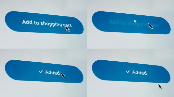 光标点击设备屏幕上的 “添加到购物车” 按钮慢动作的宏视频拍摄。匿名人士在网站上进行数字在线购物。模