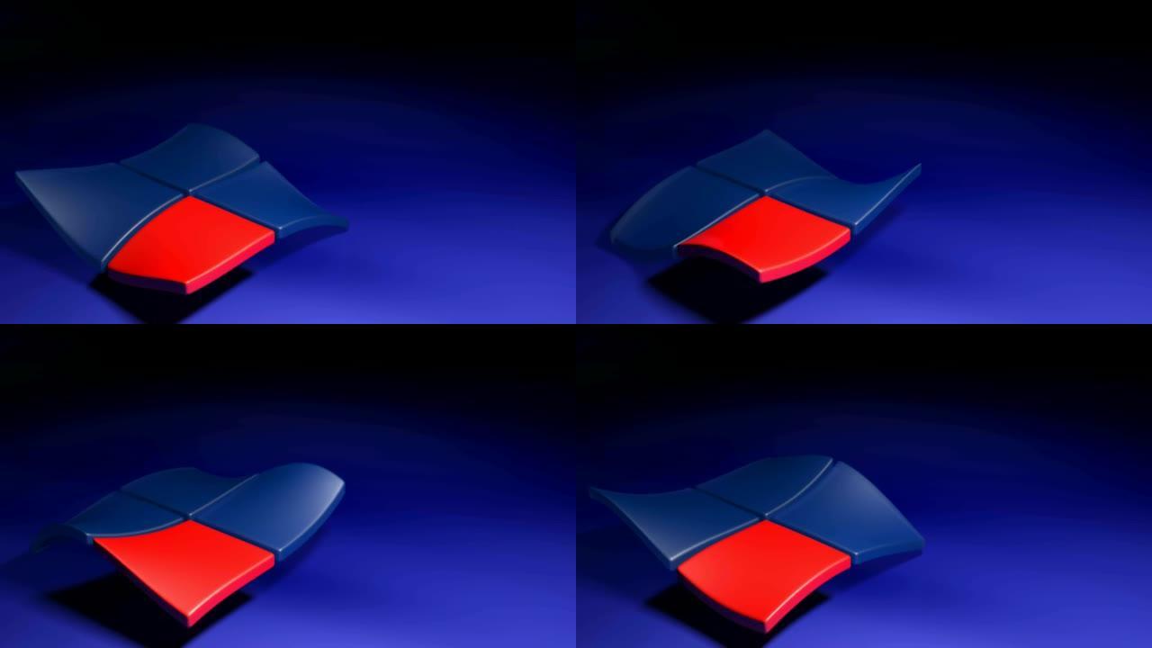 在蓝色背景上挥舞红色和蓝色徽标-3D渲染抽象视频剪辑