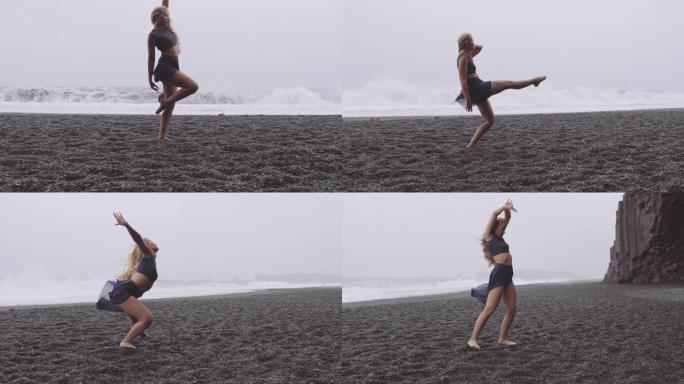 穿着芭蕾舞鞋的女士在黑色沙滩与奇妙的波浪背景