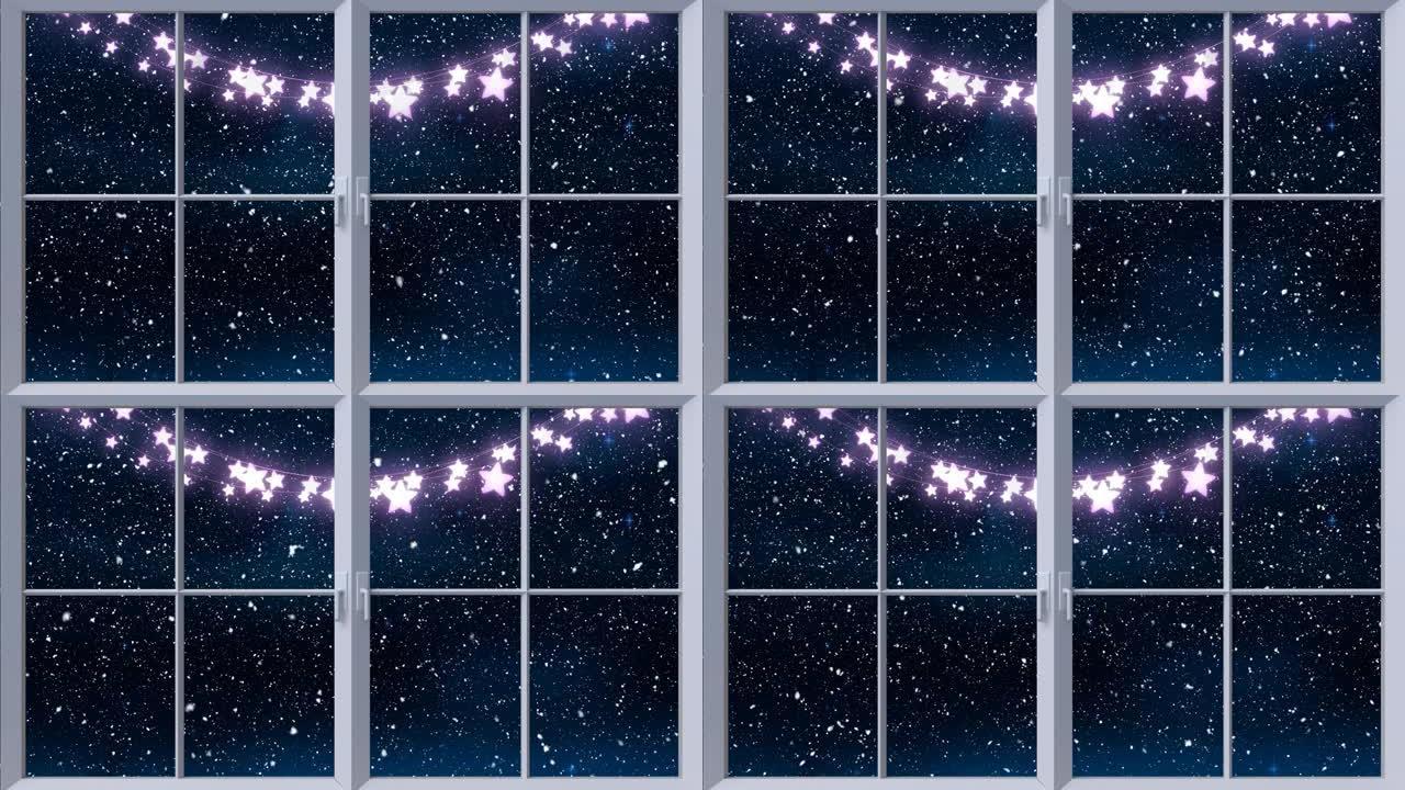 窗框上的紫色仙女光的数字动画，以对抗夜空的积雪