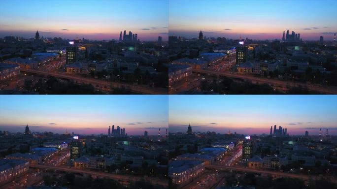 俄罗斯之夜日落莫斯科市高尔基公园河湾花园环空中全景4k