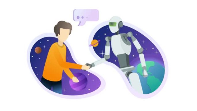机器人和人类在网络空间握手。网络概念。卡通循环4k动画。