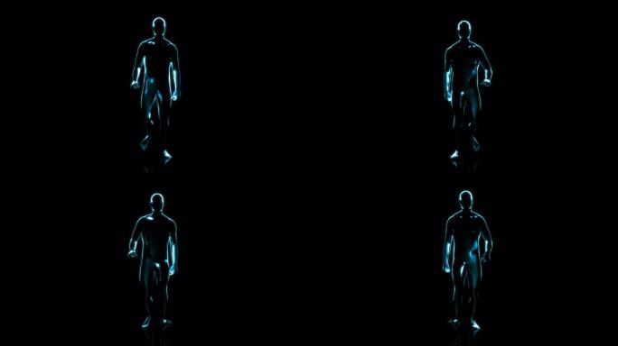 黑色背景上的3D抽象数字蓝色行走人的前视图