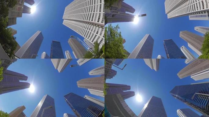商业区摩天大楼/绿树-仰望天空