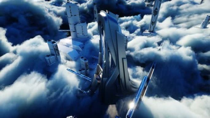 云中的未来科幻城市。乌托邦。未来的概念。飞行客运。空中奇妙的景色。逼真的4k动画。