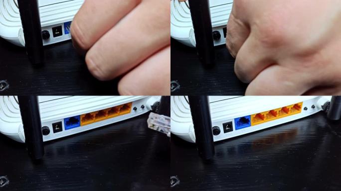 Man断开以太网网络电缆与路由器的连接。无线网络连接。