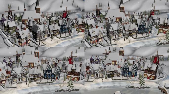 圣诞节冬夜的小镇或村庄的景色。圣诞节和新年概念。