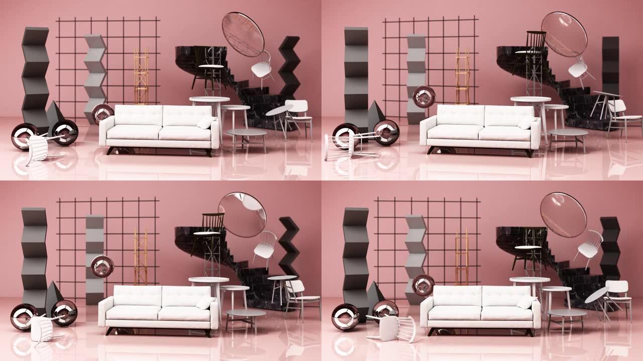 很多椅子和茶几木质纹理与织物在色调背景和几何形状抽象构图3d渲染