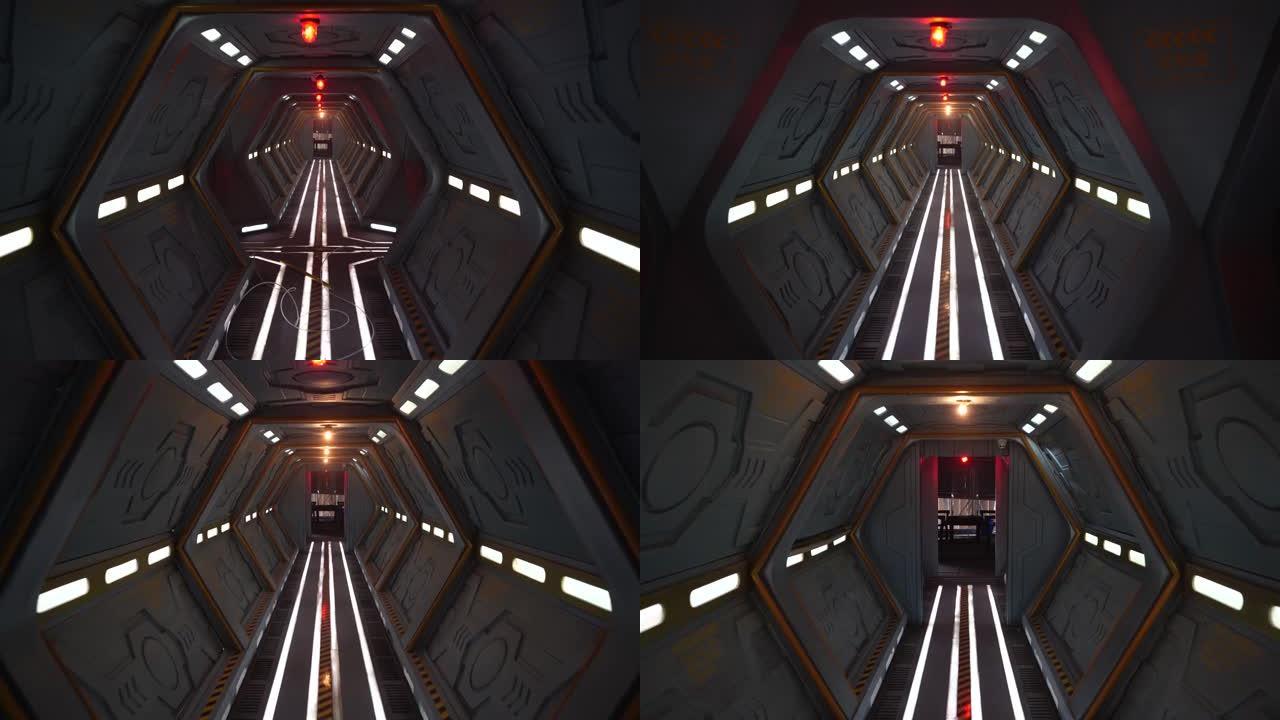 宇宙飞船上未来派科幻走廊的真实照片。