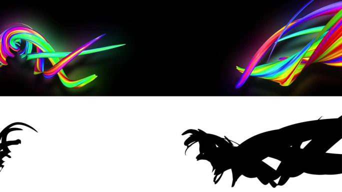 4k彩色带流在霓虹灯下飞过相机。扭曲的彩虹色渐变条纹像油画一样作为美丽的创意背景。亮度哑光作为阿尔法