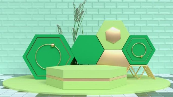 绿色几何形状讲台抽象绿草3d旋转运动