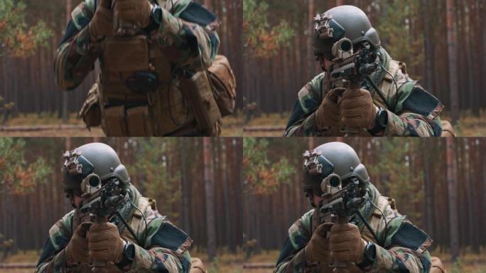 一名身穿战术军装、头戴钢盔、手持狙击步枪、在树林中通过望远镜瞄准敌人的大胡子士兵