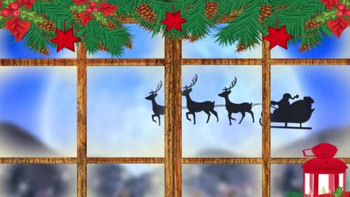圣诞老人黑色剪影的木制窗框圣诞装饰数字动画