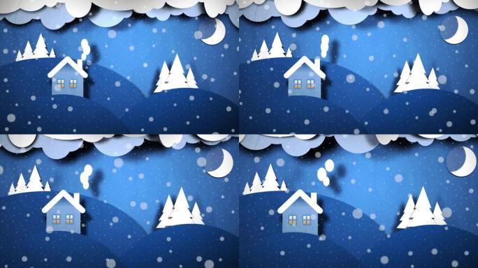 冬季剪纸景观。动态图形动画贺卡。圣诞快乐或新年快乐动画，有小屋、枞树和月亮。4k UHD视频渲染。