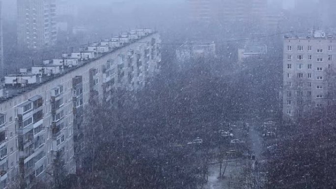 城市降雪。冬天的雪。城市中的暴风雪以汽车和建筑物为背景。
