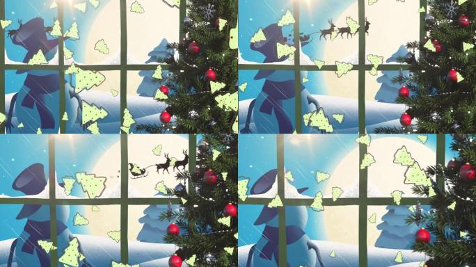雪人驯鹿拉着雪橇的圣诞老人剪影动画