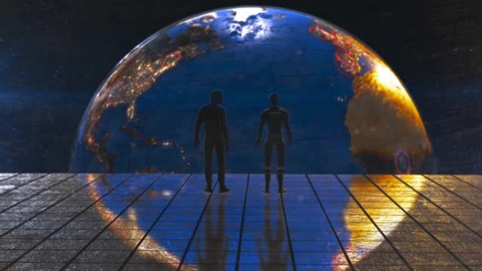 两个人看着太空土地规划未来，正在发生的事情和全球网络概念