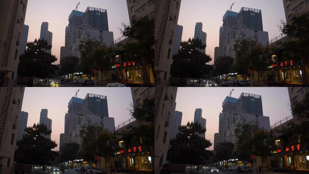 日落时间照明青岛市中心交通街市中心建设慢动作全景4k中国