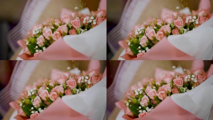美丽的粉红玫瑰花束。婚礼背景，情人节概念。生日。花特写