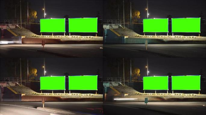绿色屏幕的城市街道广告牌支架。时间流逝，汽车和火车线