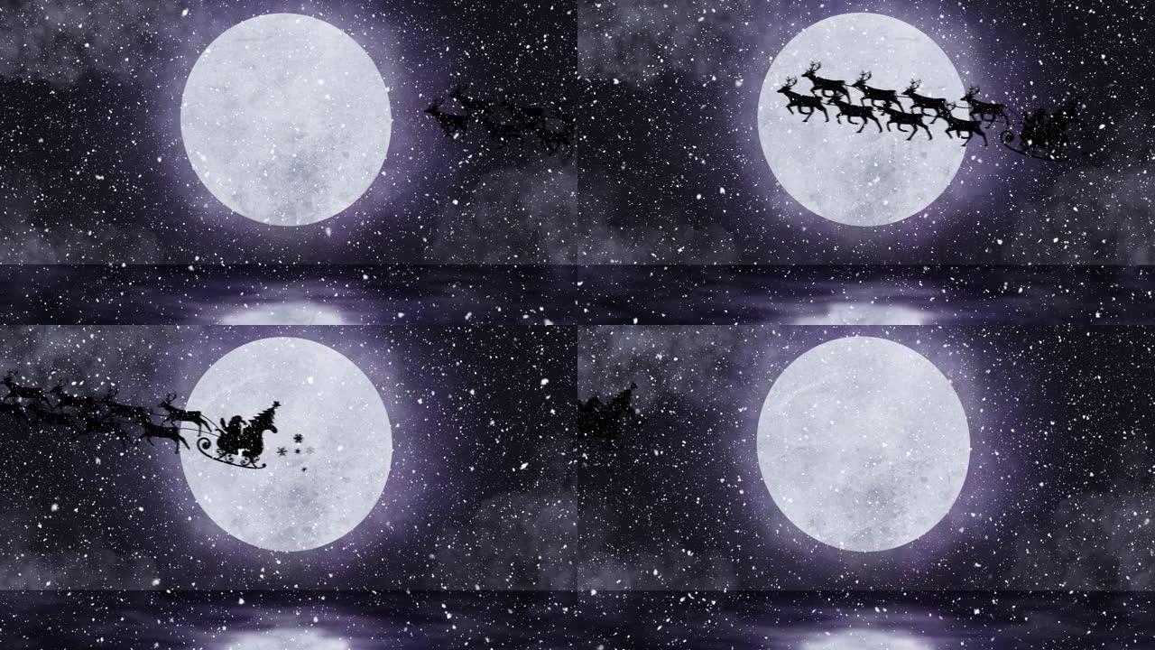 雪落在雪橇上的圣诞老人的剪影上的数字动画被驯鹿拉