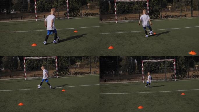 一个小男孩在足球场上训练，他练习运球和射门。