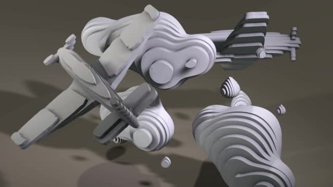 棕色背景上的3d动画、飞机、云和雨滴