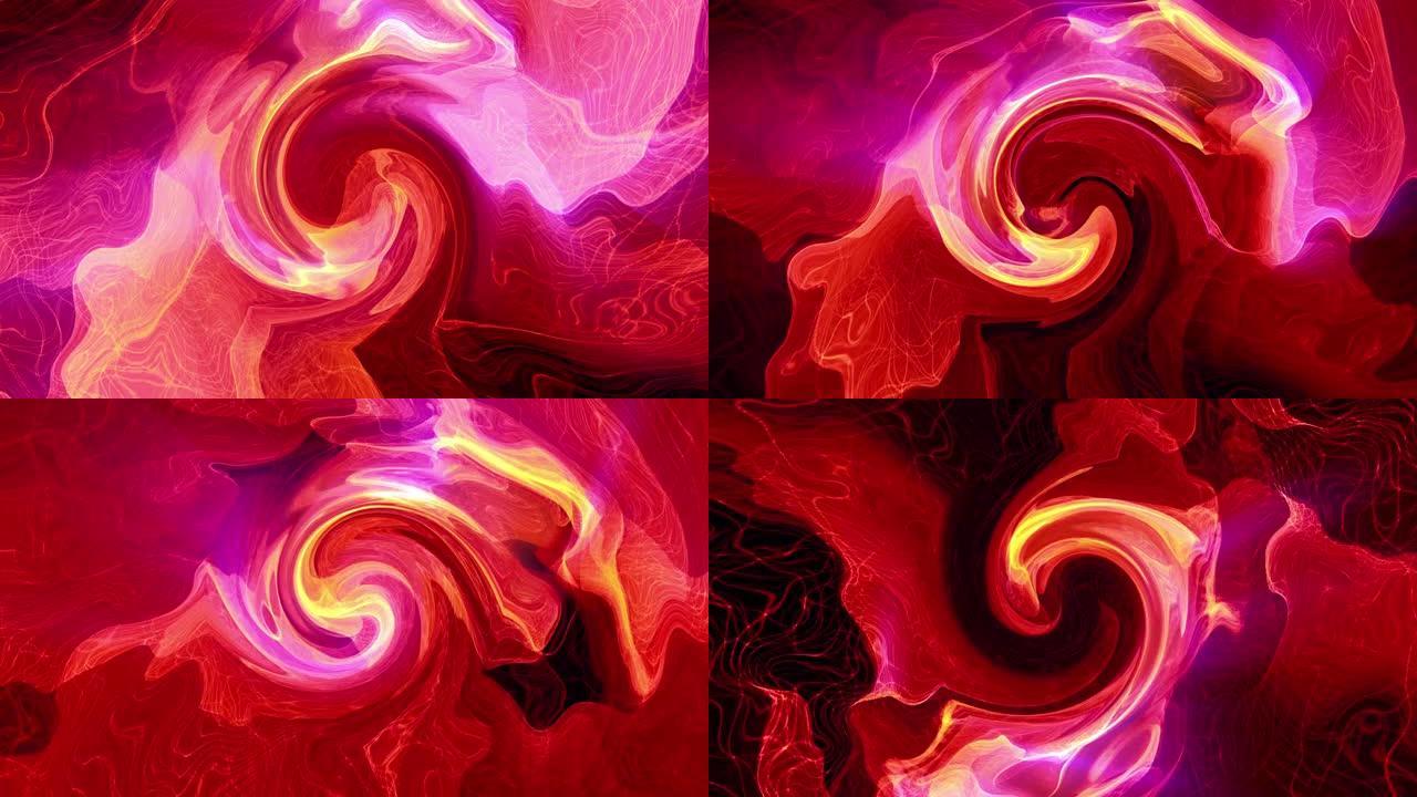 4K 3D渲染抽象背景彩色黄色粉色红色液体移动湍流置换效果无缝循环。可循环创意抽象亚克力水彩艺术动画