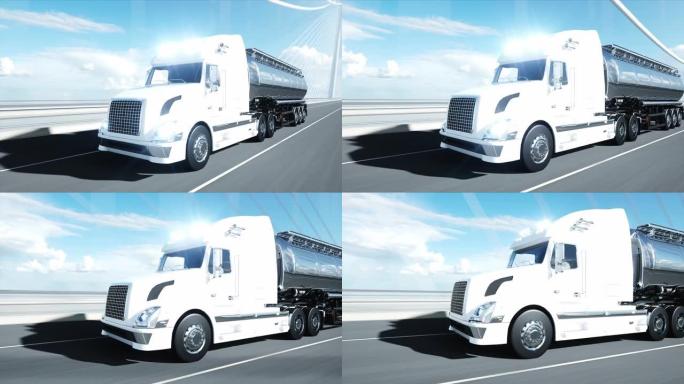 汽油油轮，拖车，卡车在高速公路上的3d模型。非常快的驾驶。逼真的4k动画。石油概念。