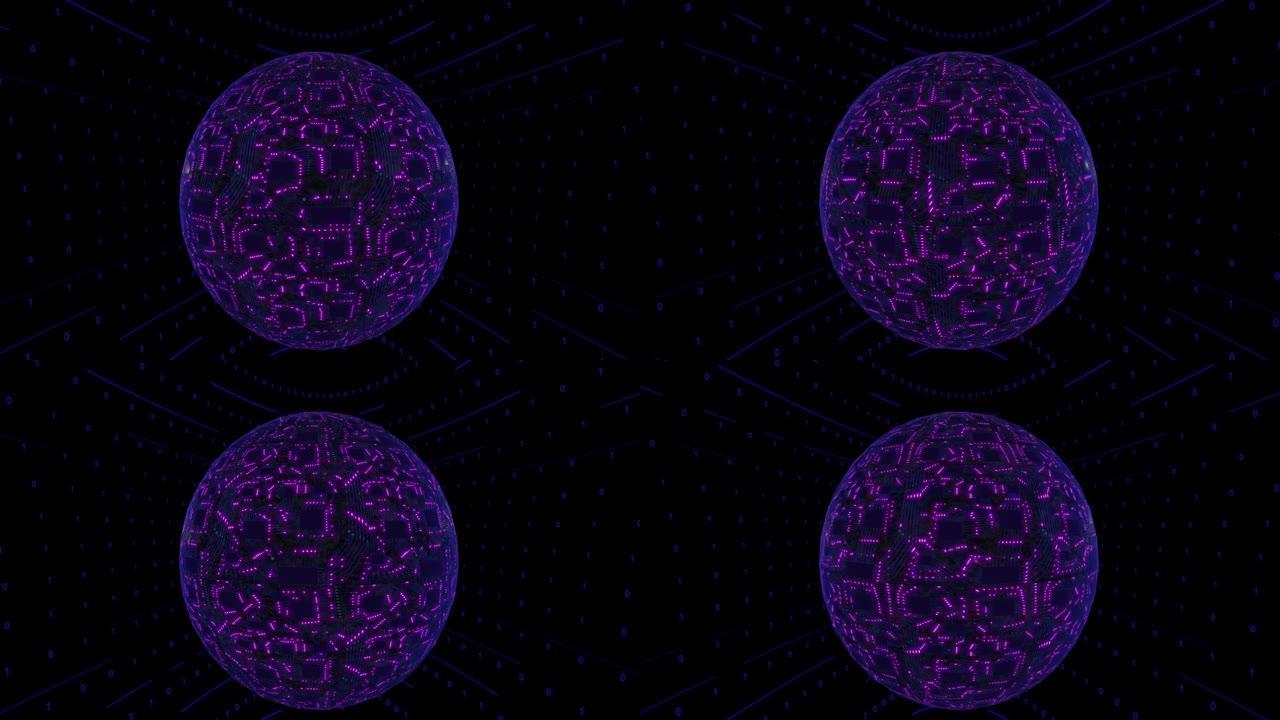 紫罗兰3D数字概念，带电路板和中央处理器的球体行星。数字神经网络。CPU功率纹波
