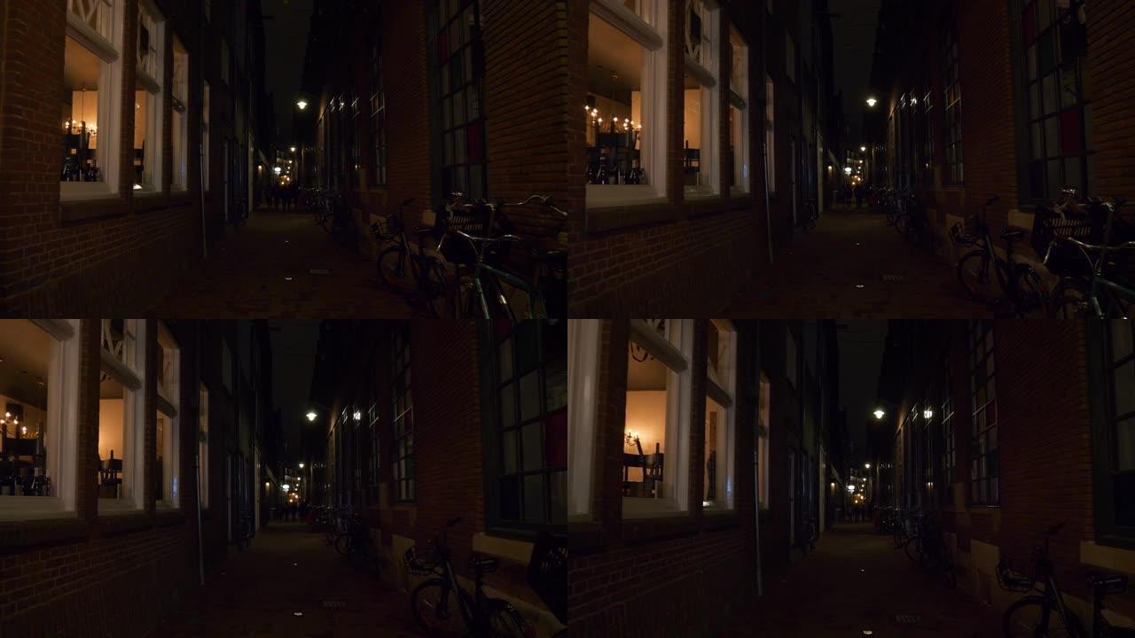 阿姆斯特丹市中心夜间照明著名拥挤街道全景4k荷兰