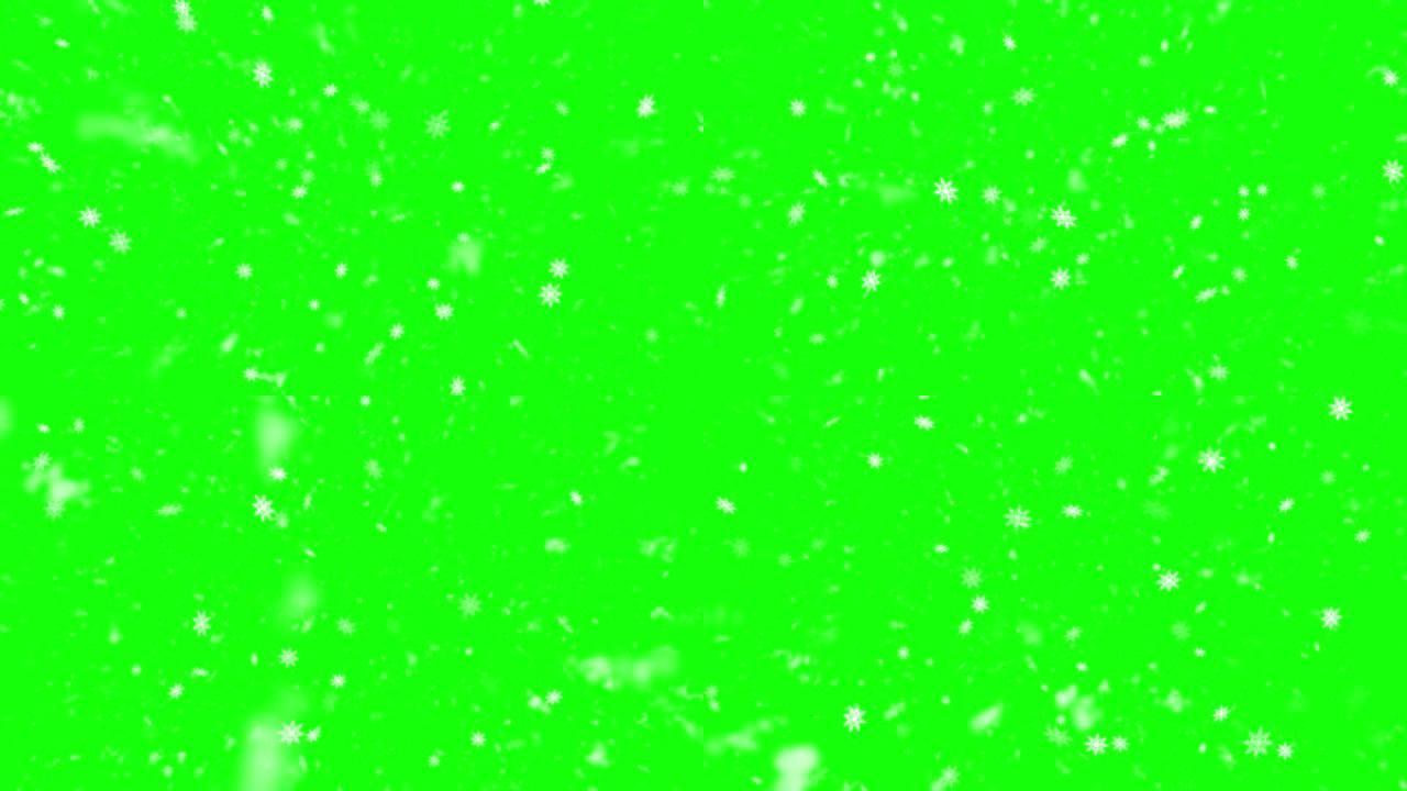 绿色屏幕上孤立的落雪，带有抽象的雪花形状4k可循环股票视频