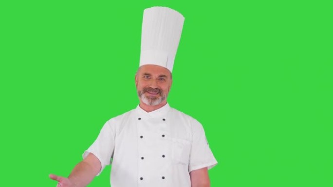 专业厨师在绿色屏幕上向相机发出欢迎手势，色度键