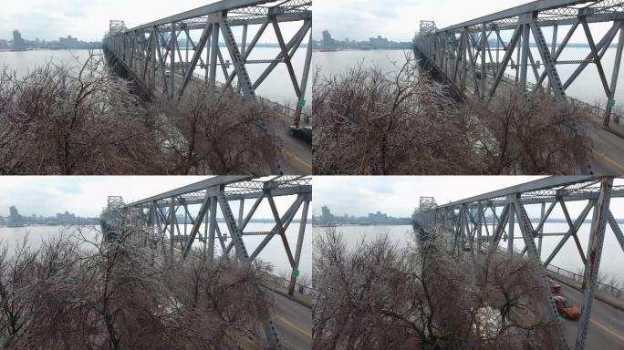 冬季冰雪覆盖的树木和印第安纳州的第二条街桥