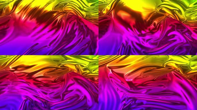 动画彩虹金属渐变的背景，在4k中带波。在液态金属表面或组织中形成褶皱的波浪状布表面的抽象3D。彩膜的