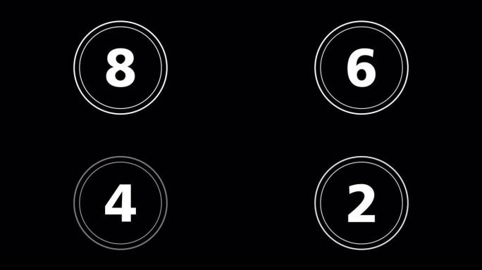 动画霓虹灯倒计时数字10-0秒。黑色背景上的圆形霓虹灯10秒倒计时