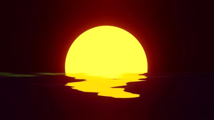 美丽灼热的日落，明亮的橙色特写太阳，慢慢落到地平线上或升起，在水上形成阳光或月球路径。反映它的颜色，