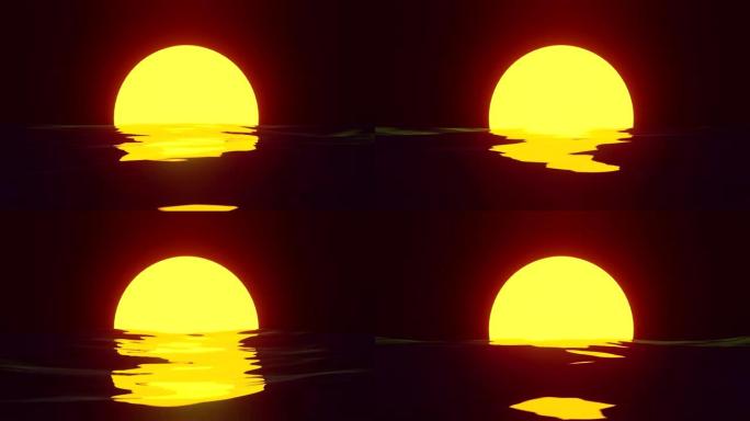 美丽灼热的日落，明亮的橙色特写太阳，慢慢落到地平线上或升起，在水上形成阳光或月球路径。反映它的颜色，