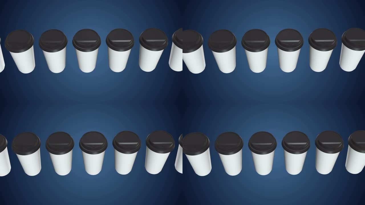 一次性咖啡杯。一排带塑料帽的空白纸杯