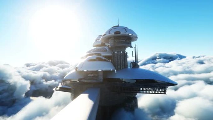 云层上的未来城市车站。飞行未来主义的飞船。未来的概念。逼真的4k动画。